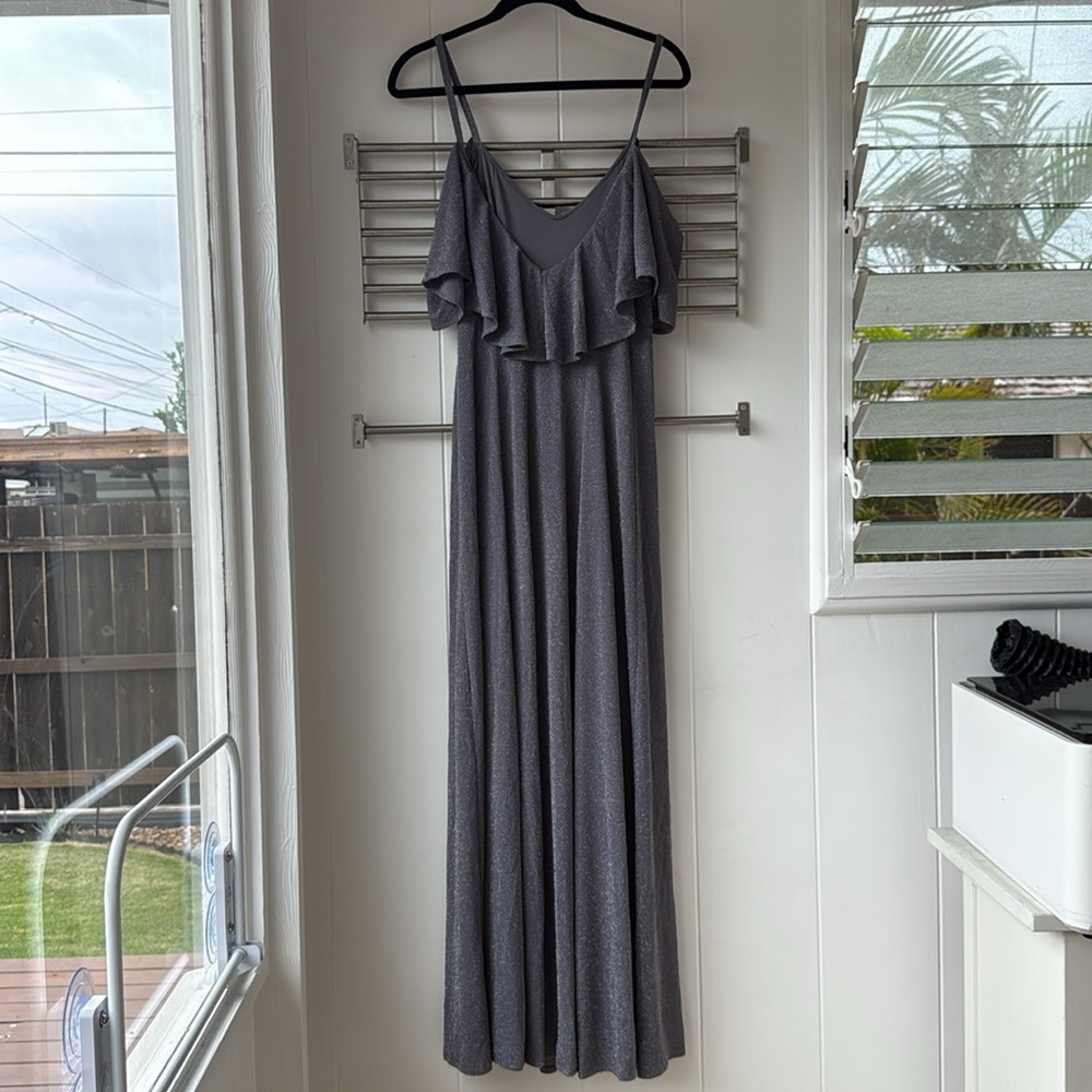 Show Me Your Mumu Renee Ruffle Maxi Dress Dancing Queen Smoke Grey Bridesmaid - Picture 3 of 10